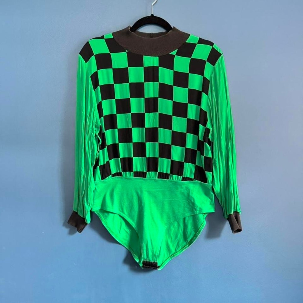 Vintage Arido Bodysuit Women's Size Medium‎ Green Black Checker Print Mockneck